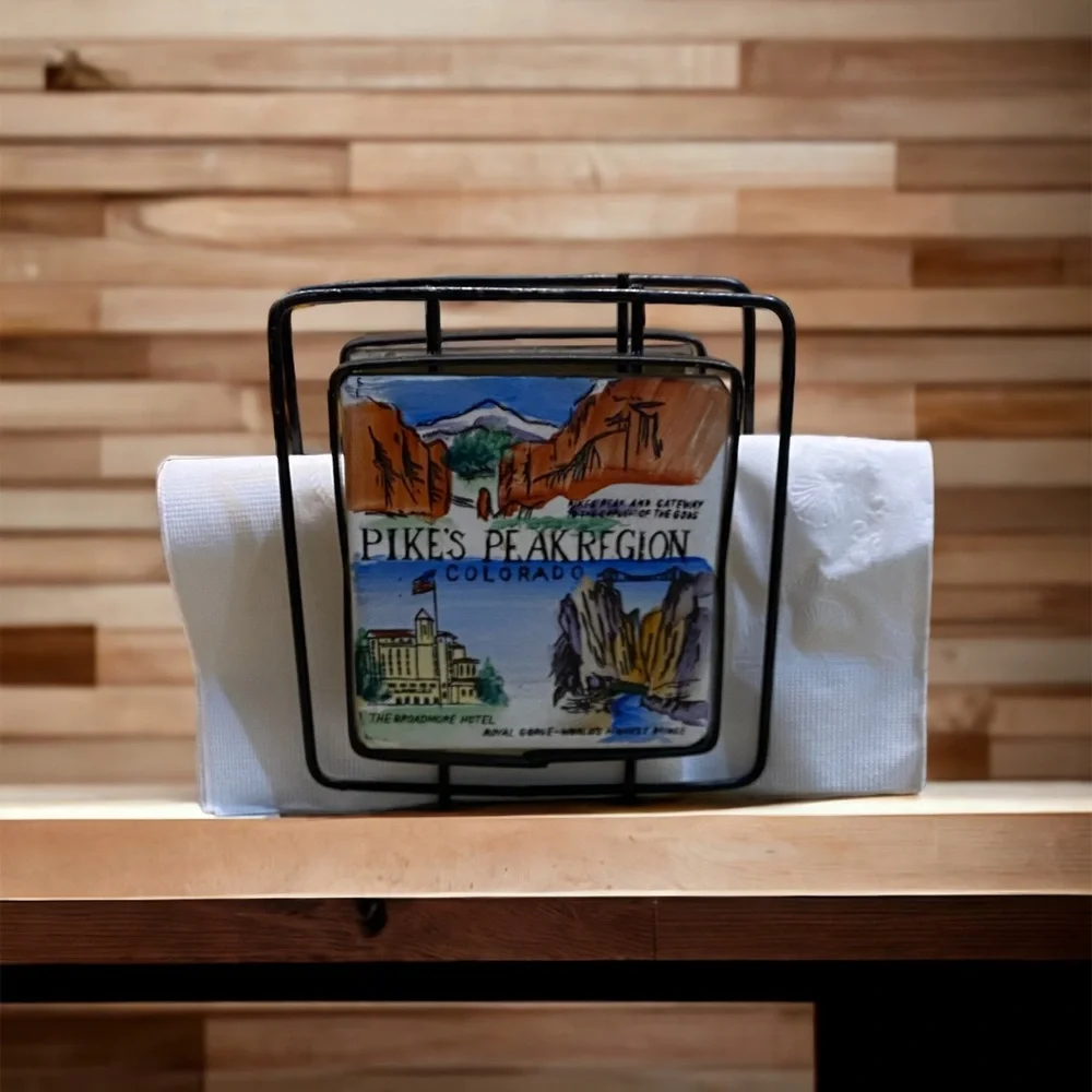 VTG 1950s Colorado Souvenir Ceramic Tile Napkin Holder Double Sided Pikes Peak